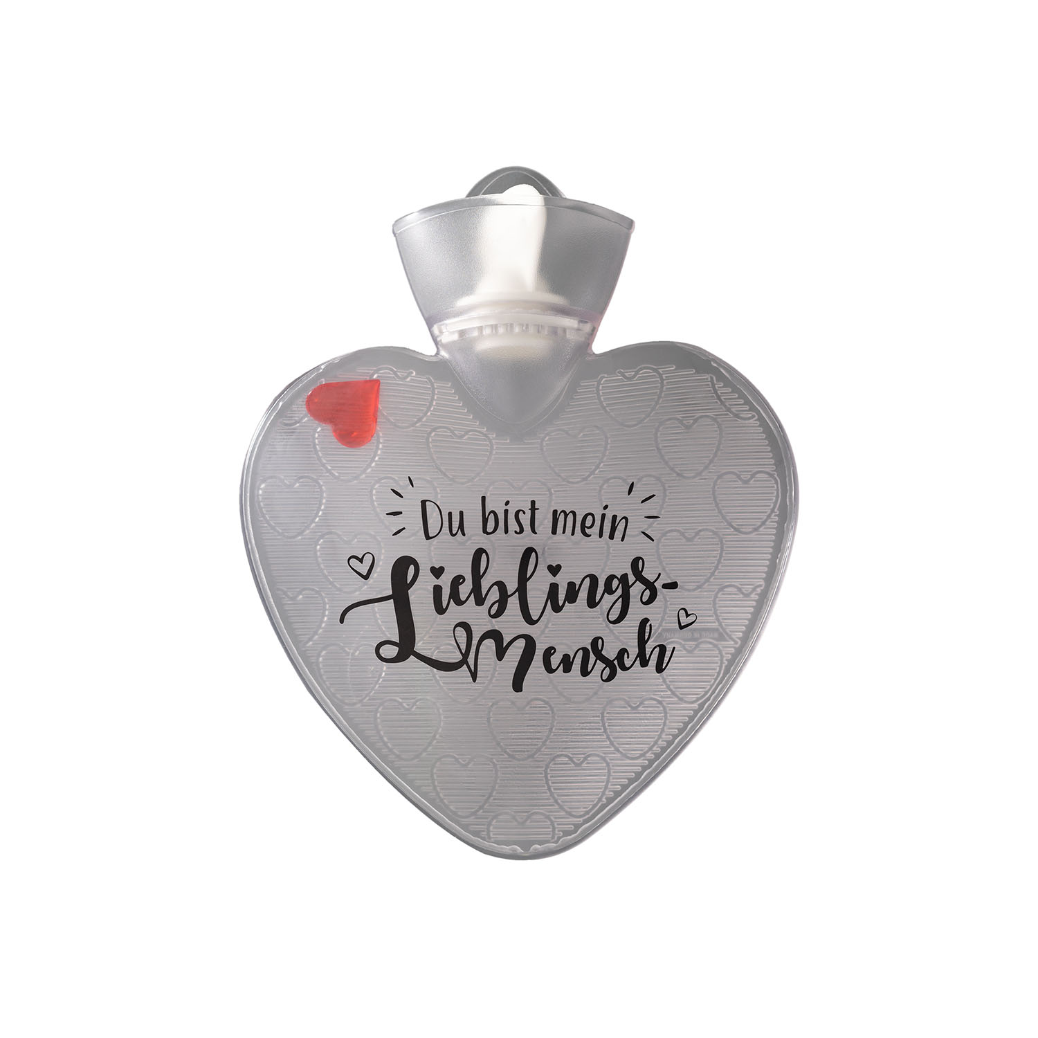 Wärmflasche Herz 1,0 l transparent mit Druck "Du bist mein Lieblingsmensch" und Herzeinlage
