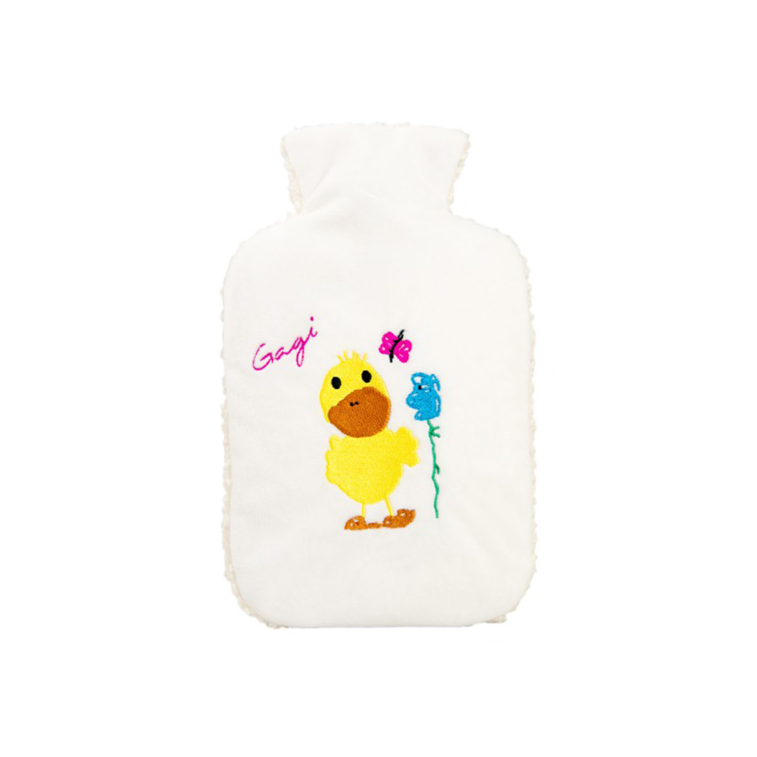 Kinder Öko-Wärmflasche 0,8 l mit Flauschbezug "Ente Gagi" weiss