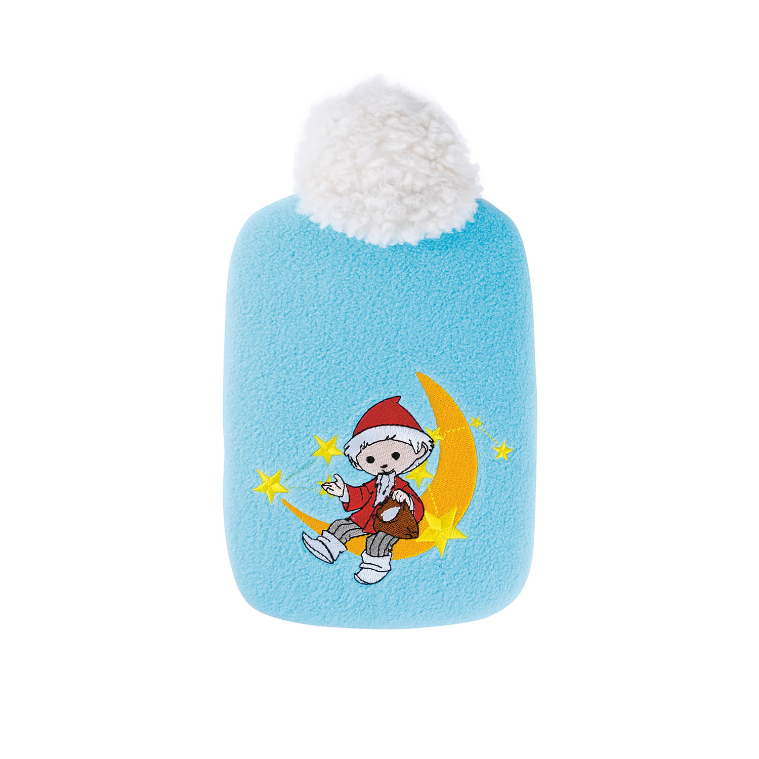 Kinder Öko-Wärmflasche 0,8 l mit Soft-Fleecebezug "Sandmännchen Mond" hellblau