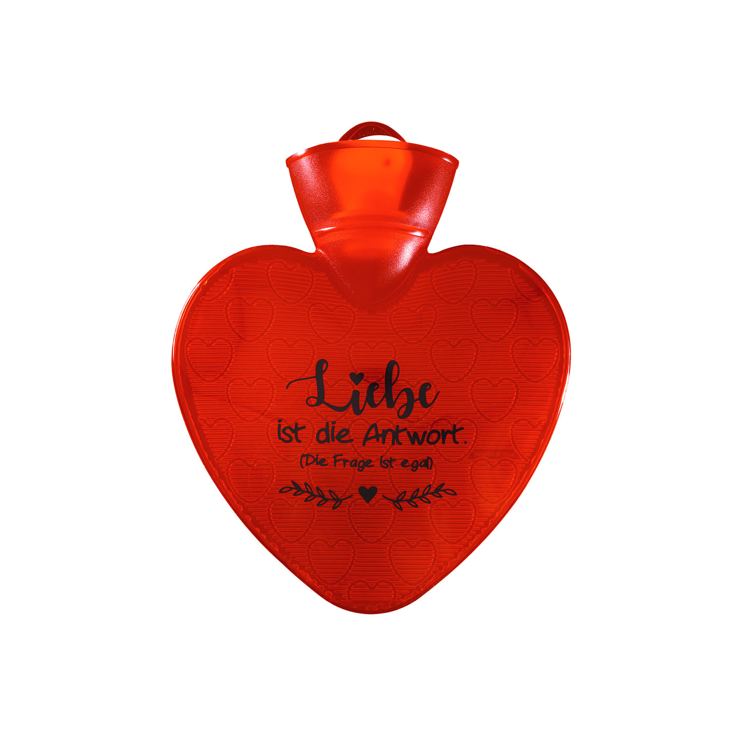 Wärmflasche Herz 1,0 l rot-transparent mit Druck "Liebe ist die Antwort, die Frage ist egal"